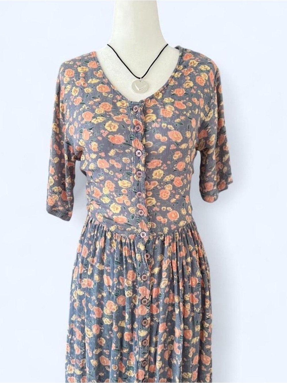 Vintage 90s Two Roads Blue Floral Button Up Rayon Maxi Dress Small